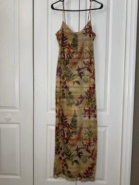 Floral Mesh Slip Maxi Dress Beige spaghetti strap lettuce edge hem vintage M